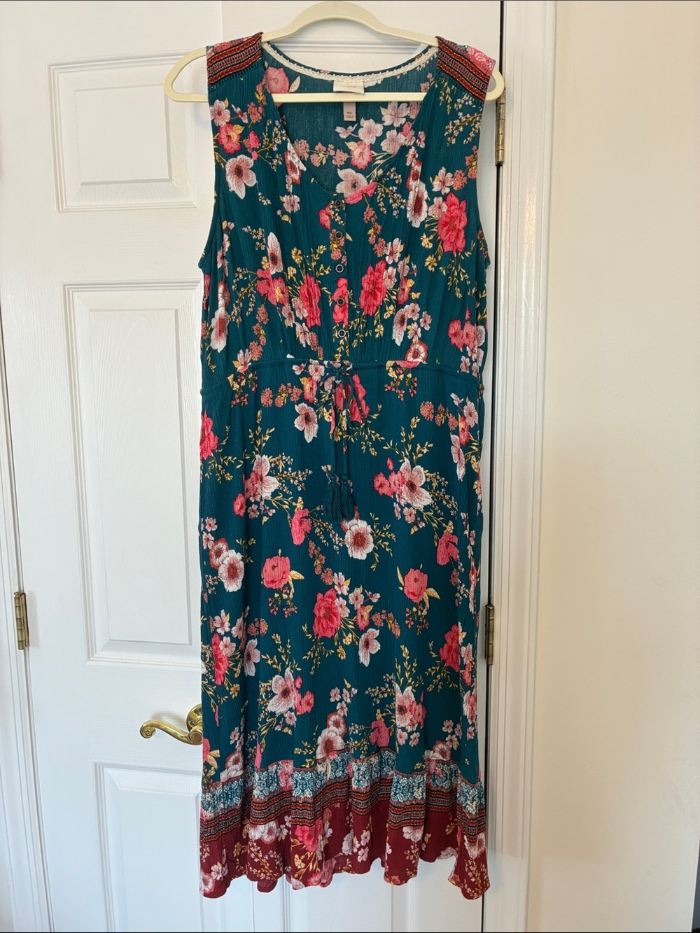 Knox Rose Sleeveless Teal & Pink Floral Midi Dress with Contrasting Hem, size XL